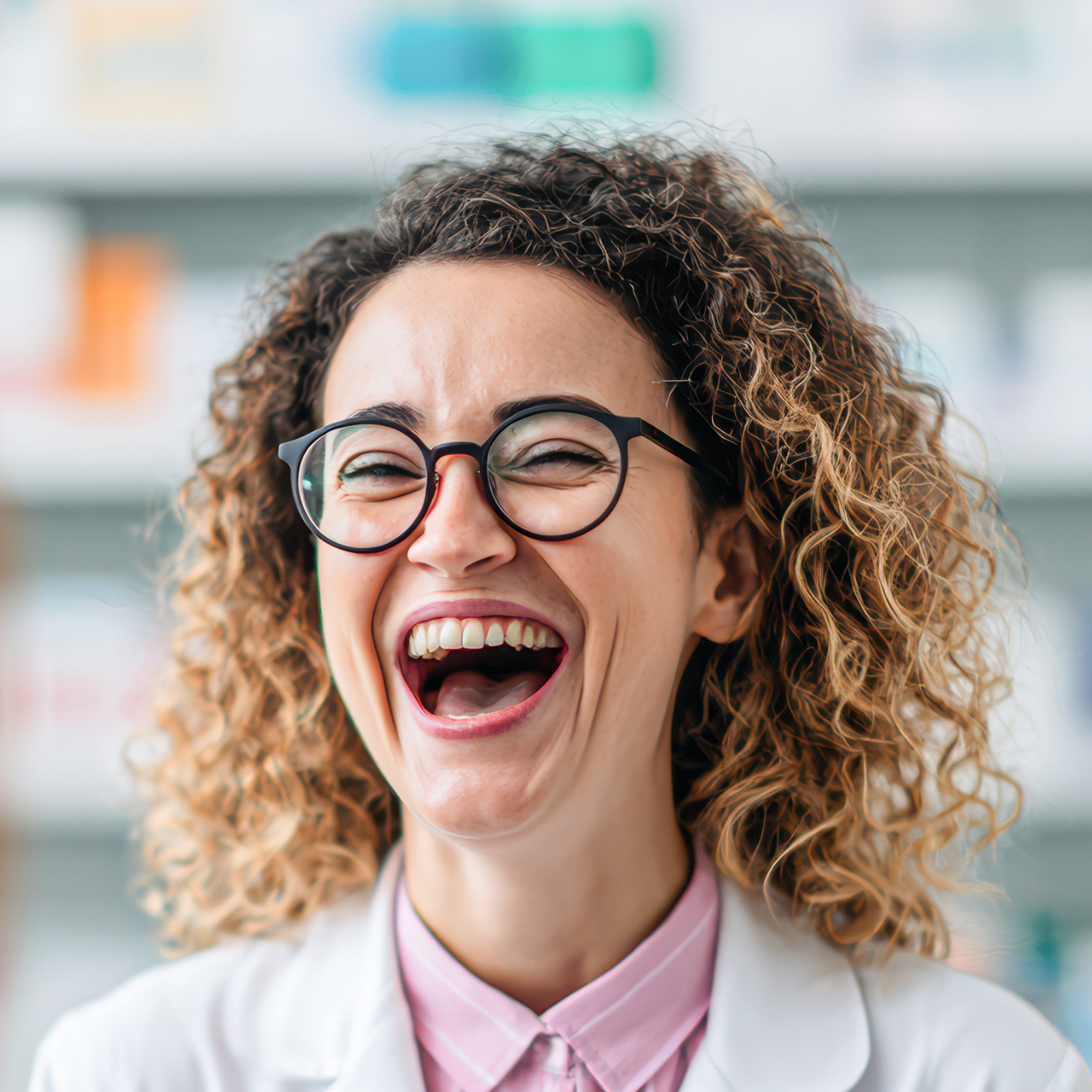 female pharmacist laughing