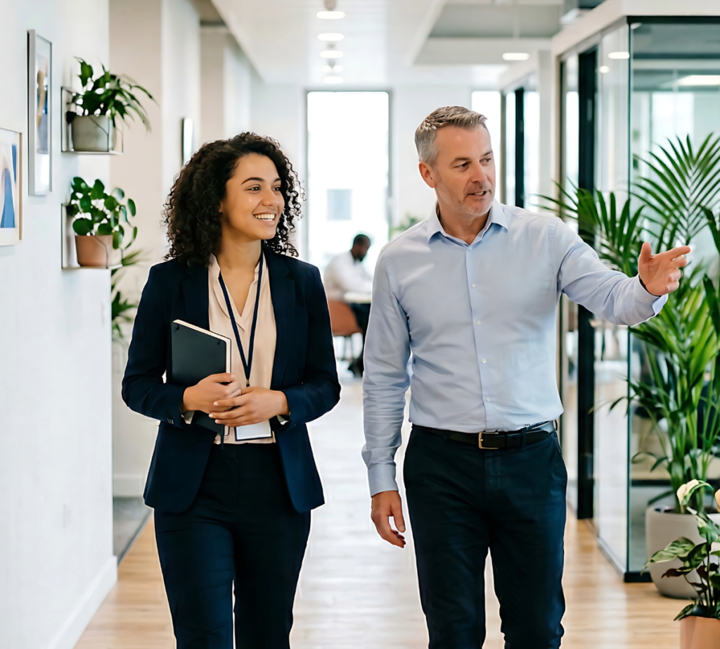 Recruitment consultant and candidate talking as they walk through an office